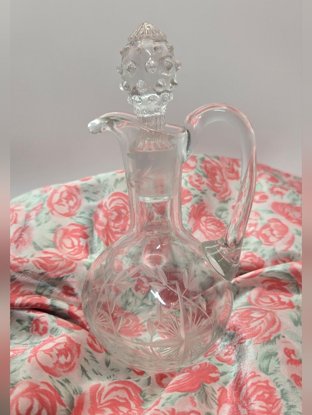 Vintage Cut Crystal Glass Cruet With Staburst And Leaf Design Dotted Stopper